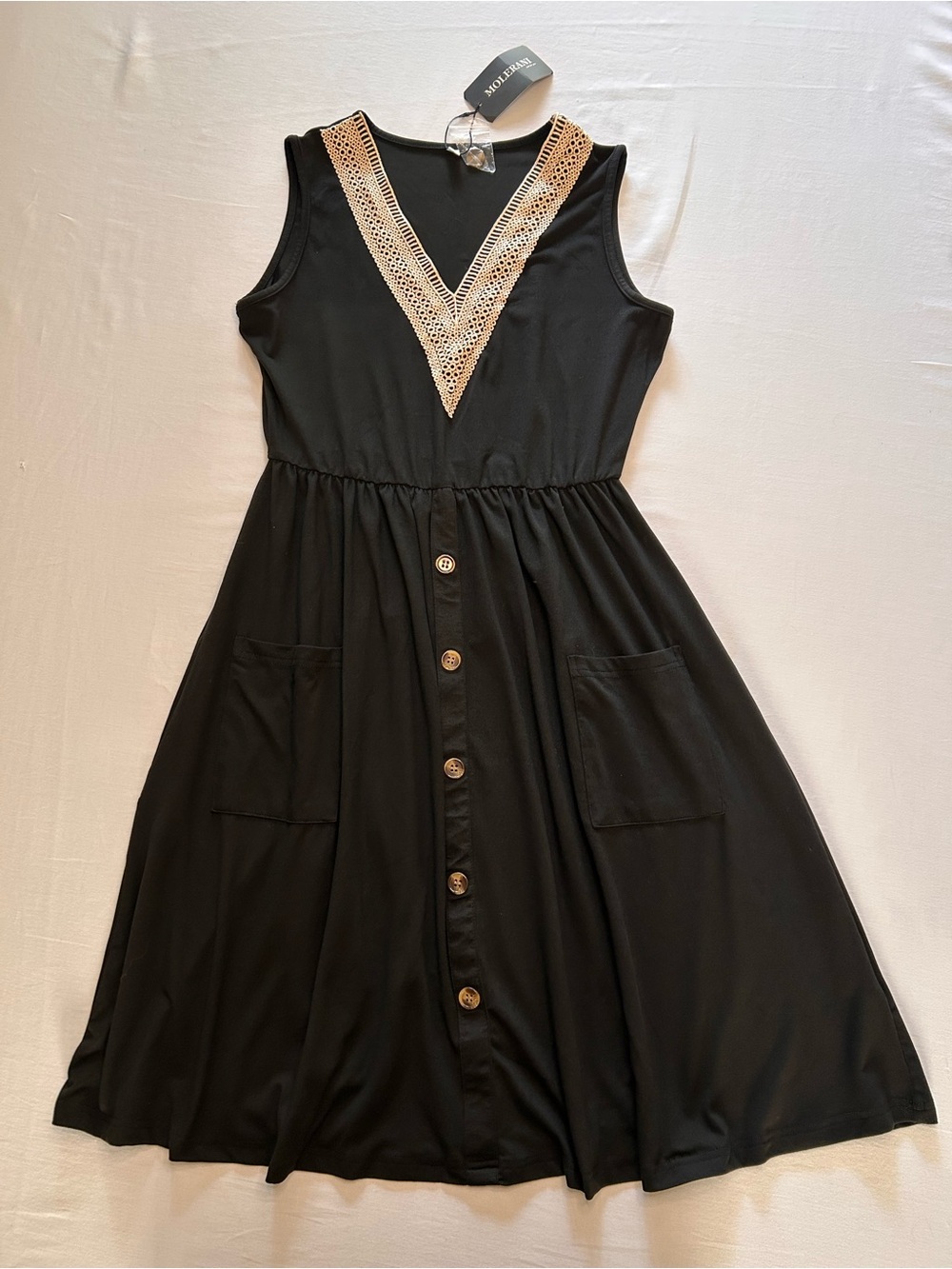 Womens Black Sleeveless Dress Medium Crochet Lace V-Neck Pockets NWT